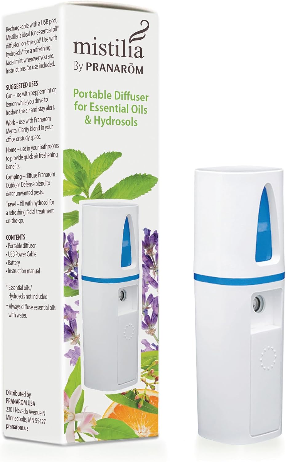 Pranarom - Mistilia Portable USB Travel Diffuser for Essential Oils & Hydrosols, Reachargeable White
