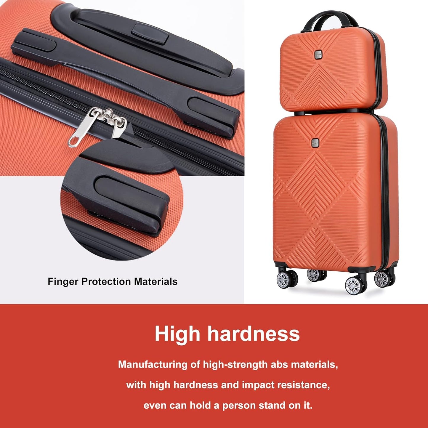 Luggage 4 Piece Set, Hardshell ABS Suitcase Set with Double Spinner Wheels, Lightweight Suitcase, Carry On and Checked Travel Luggage, Dark orange