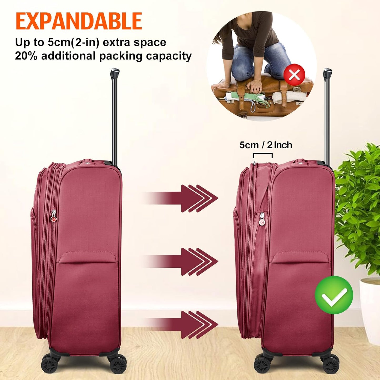 Verdi Softside Expandable 28 Inch Luggage with Spinner Wheels Lightweight Travel Suitcase (Burgundy, Checked-Large 28-Inch)