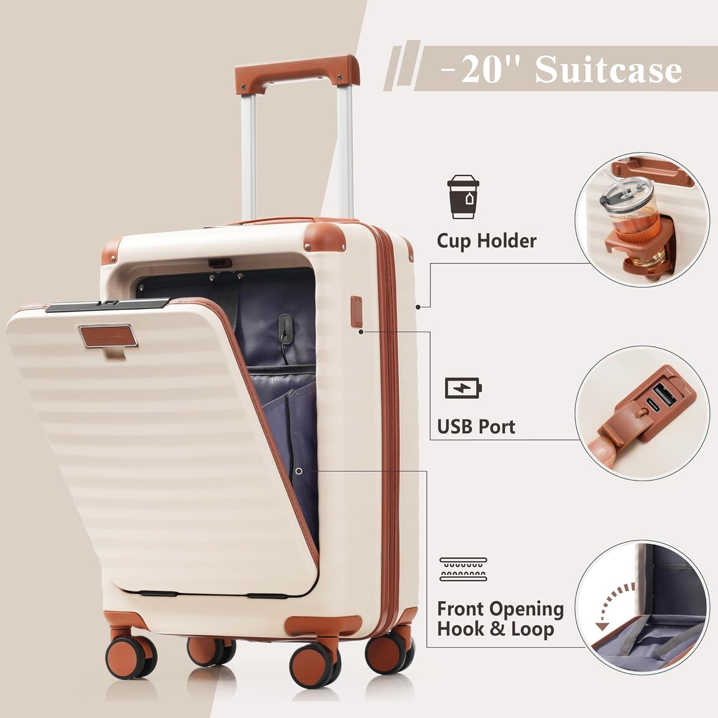 Merax Luggage Sets 3 Piece Front Opening, Hardside Lightweight Carry on Suitcase with Cup Holder USB Port,Durable Expandable Luggage with Bags Spinner Wheels and TSA Lock,White and Brown