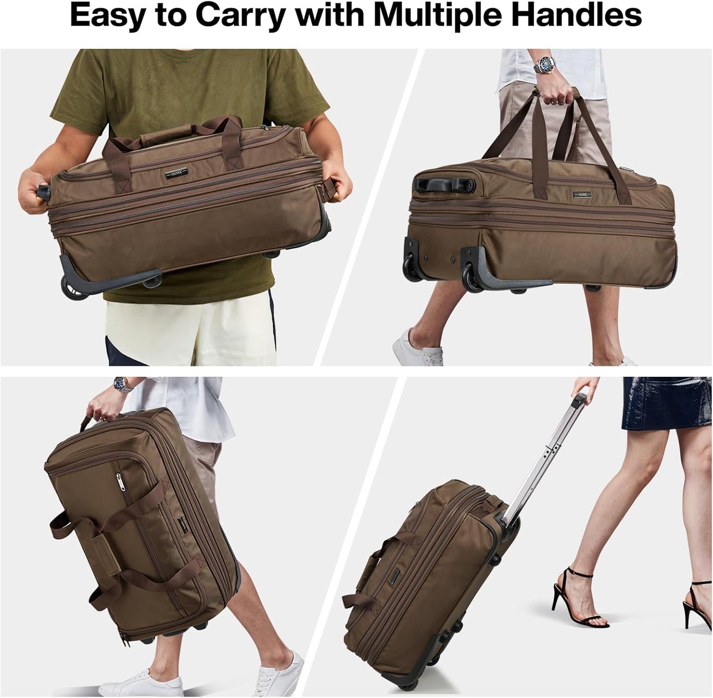 Hanke Expandable Carry On Luggage Suitcases with Wheels Foldable Duffle Bag for Travel Carry On suitcase Weekend Bag for Women Men（Coffee）