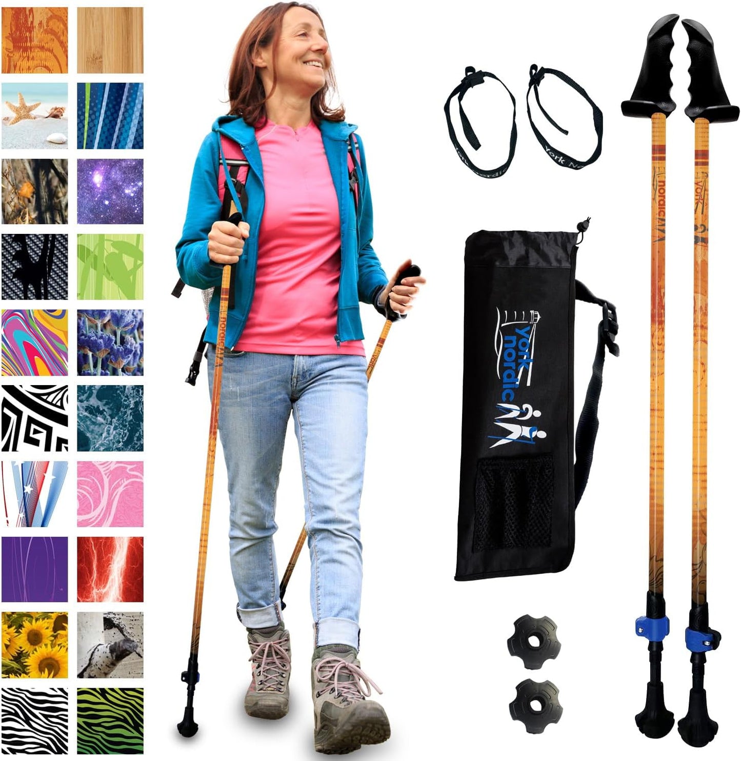 York Nordic Motivator Walking Poles for Balance and Rehab - Patented Stability Grips - Lightweight, Adjustable, and Collapsible - 2 Pieces Adjustable w/flip Locks - Heights 4'6" up to 6'2" - 230 lbs
