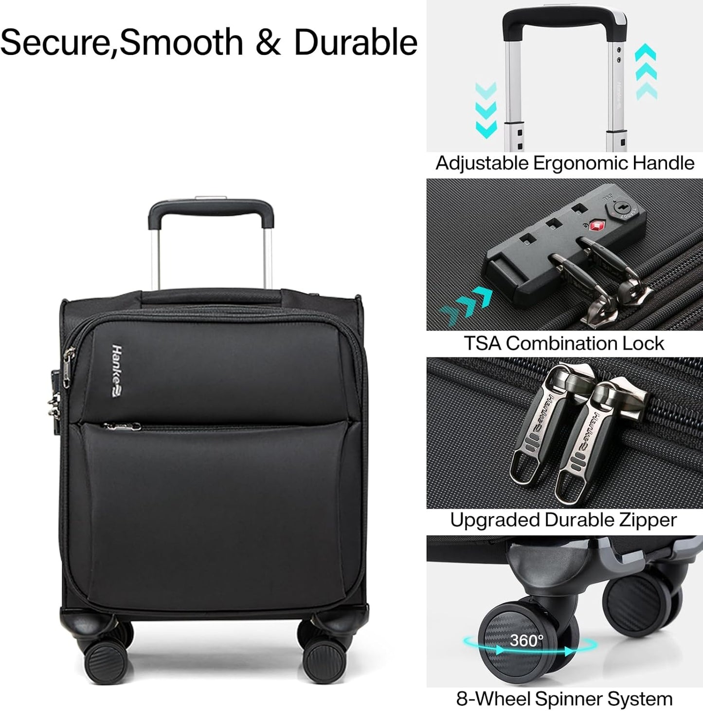 Hanke Underseat Carry On Luggage with Wheels, Spinner Small Suitcase, 16-Inch Rolling Under Seat Luggage, Softside Lightweight Carry On Bag for Airplane TSA Travel Personal Item, Black