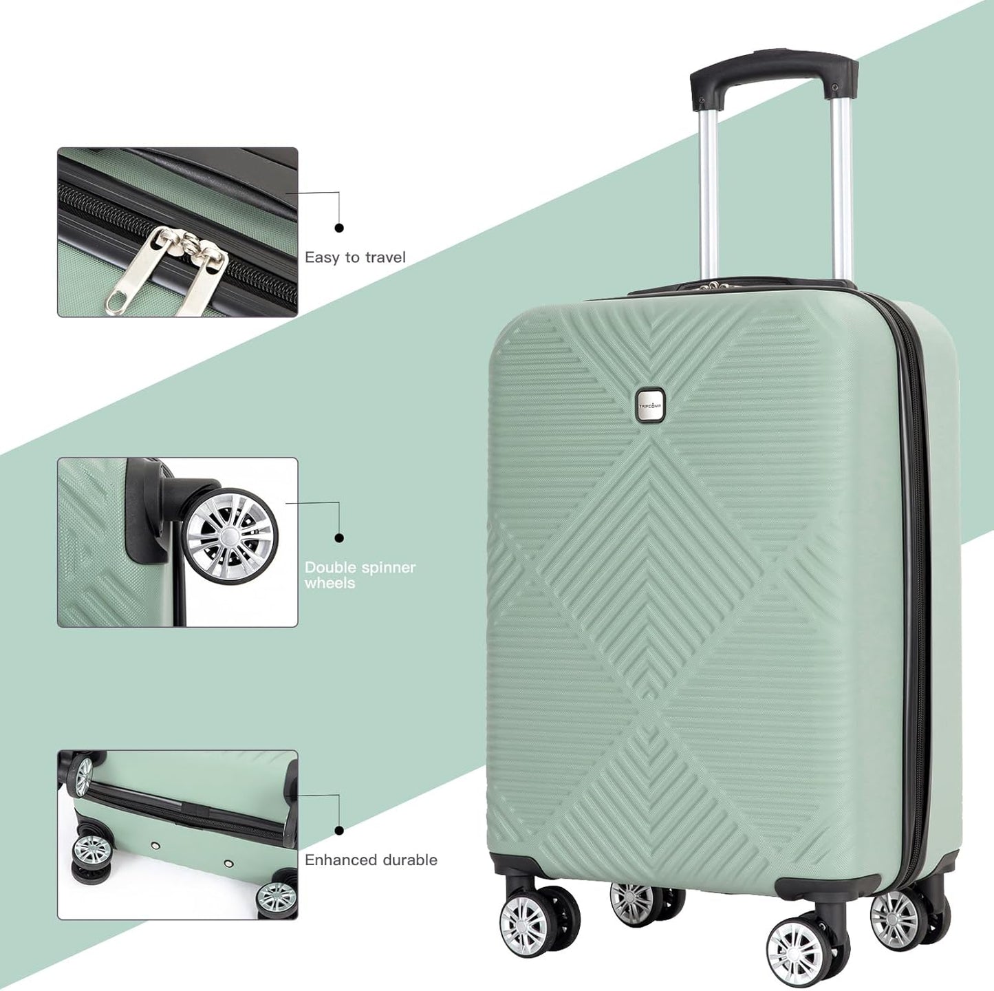 Luggage 4 Piece Set, Hardshell ABS Suitcase Set with Double Spinner Wheels, Lightweight Suitcase, Carry On and Checked Travel Luggage, Olive Green