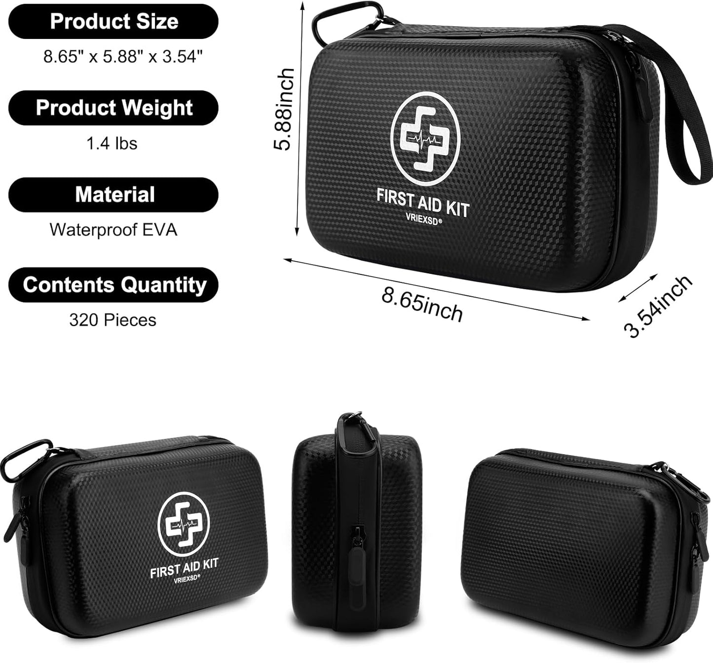 Premium First Aid Kit, 320 Piece Waterproof Hard Shell Eva First Aid Kit for Home, Camping, Cars, Hiking, Travel, Businesses & Outdoor Emergencies - Emergency Medical Kits (Black)