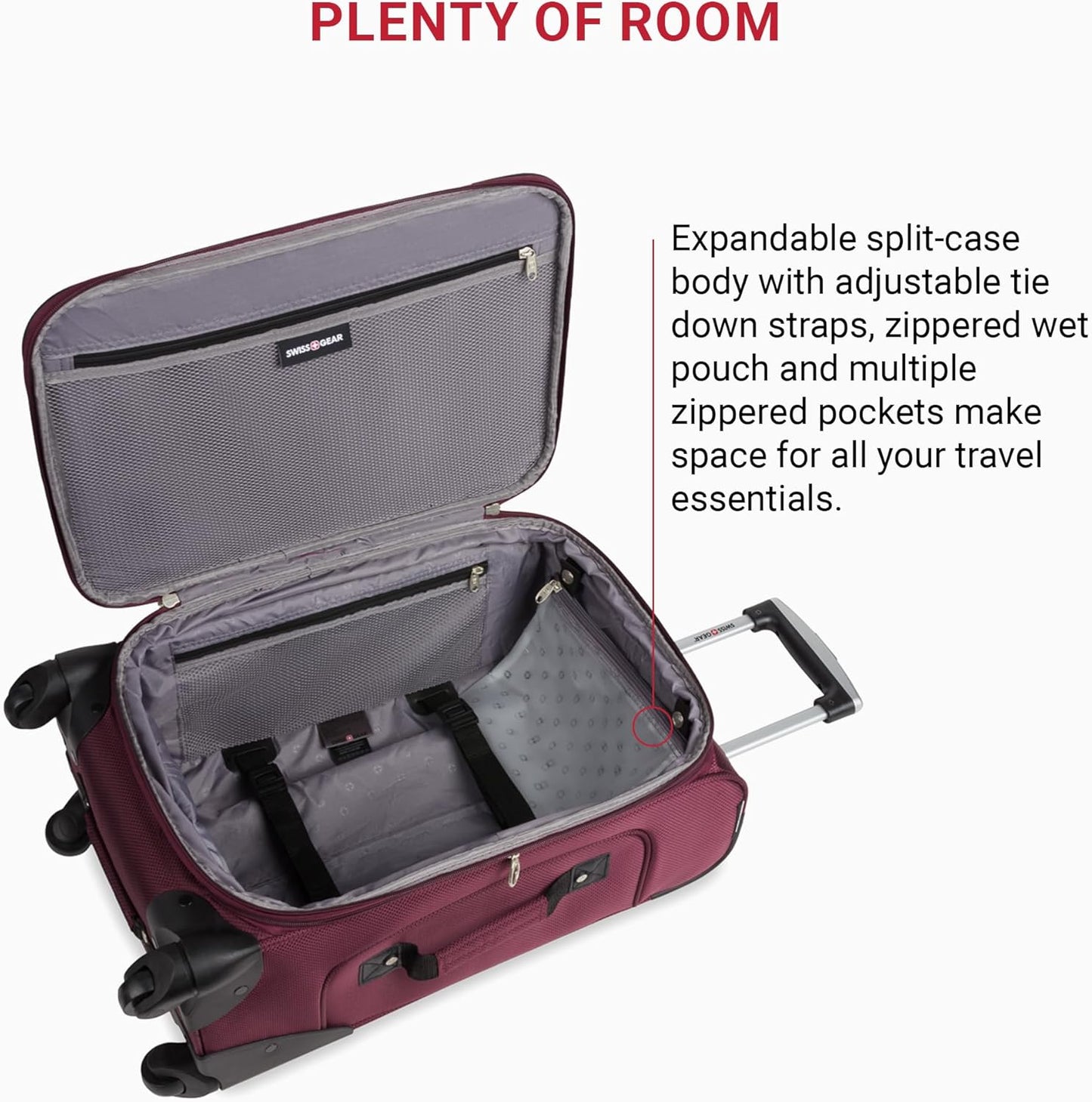 SwissGear Sion Softside Expandable Luggage – Carry-On Suitcase with 360 Degree Wheels & Retractable Handle – 21 Inch, Perfect for 1-3 Night Trips – Merlot
