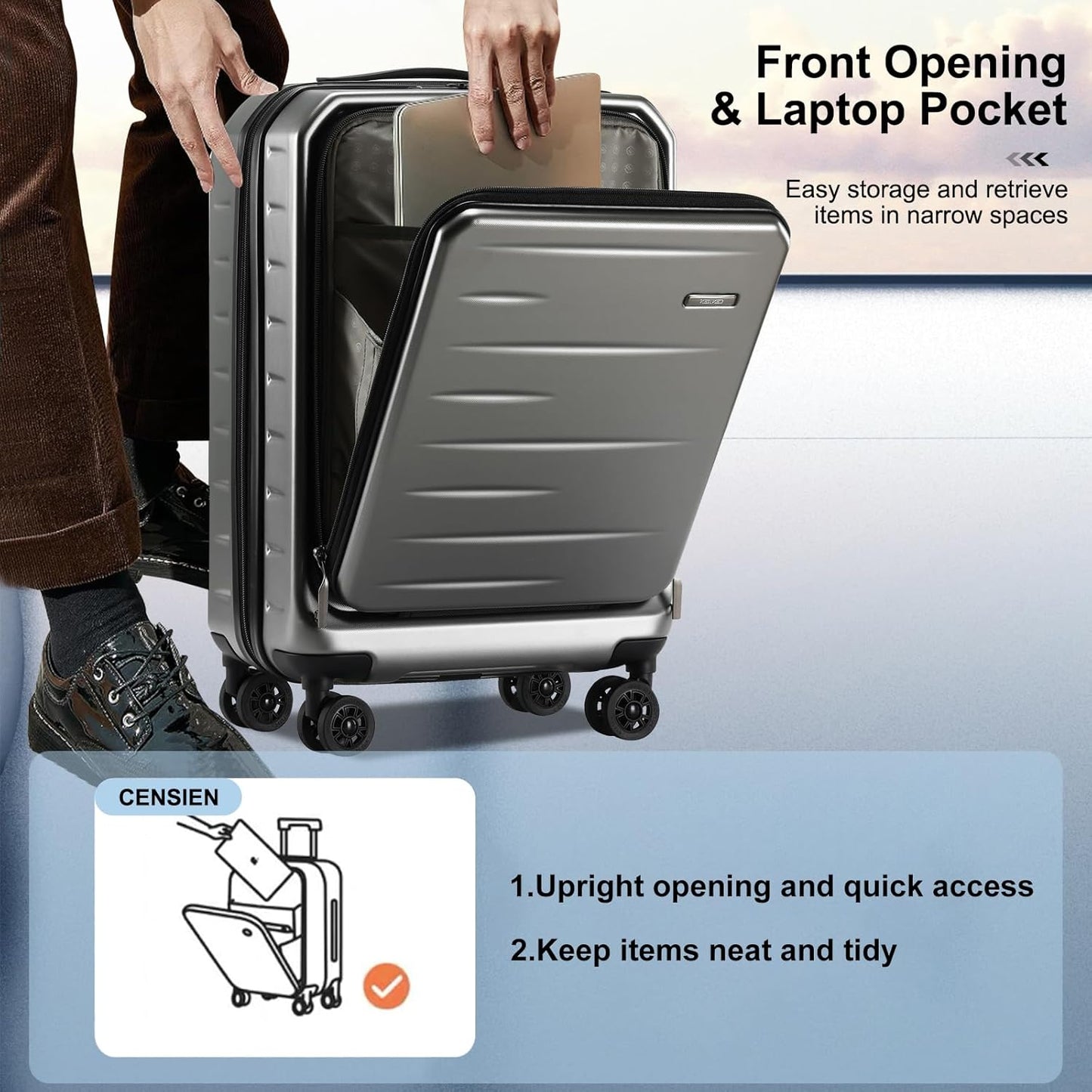 Carry On Luggage 22×14×9 Airline Approved, 20 Inch Lightweight ABS+PC Hard Shell Suitcases with Front Pocket, Spinner Wheels, TSA Lock (Dark Gray, 1PC)