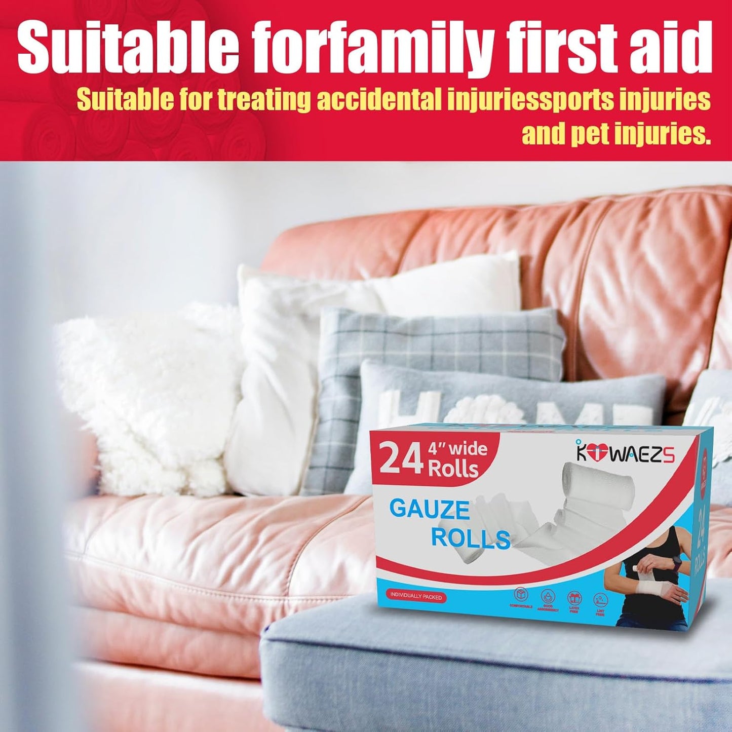 24 Pack Gauze Rolls Bandages 4 ” x 4.1 yd Premium Quality Lint and Latex-Free Conforming Stretch Designed for Wound Care for Wound Dressing Support(Ideal for Home and car First aid Kits)