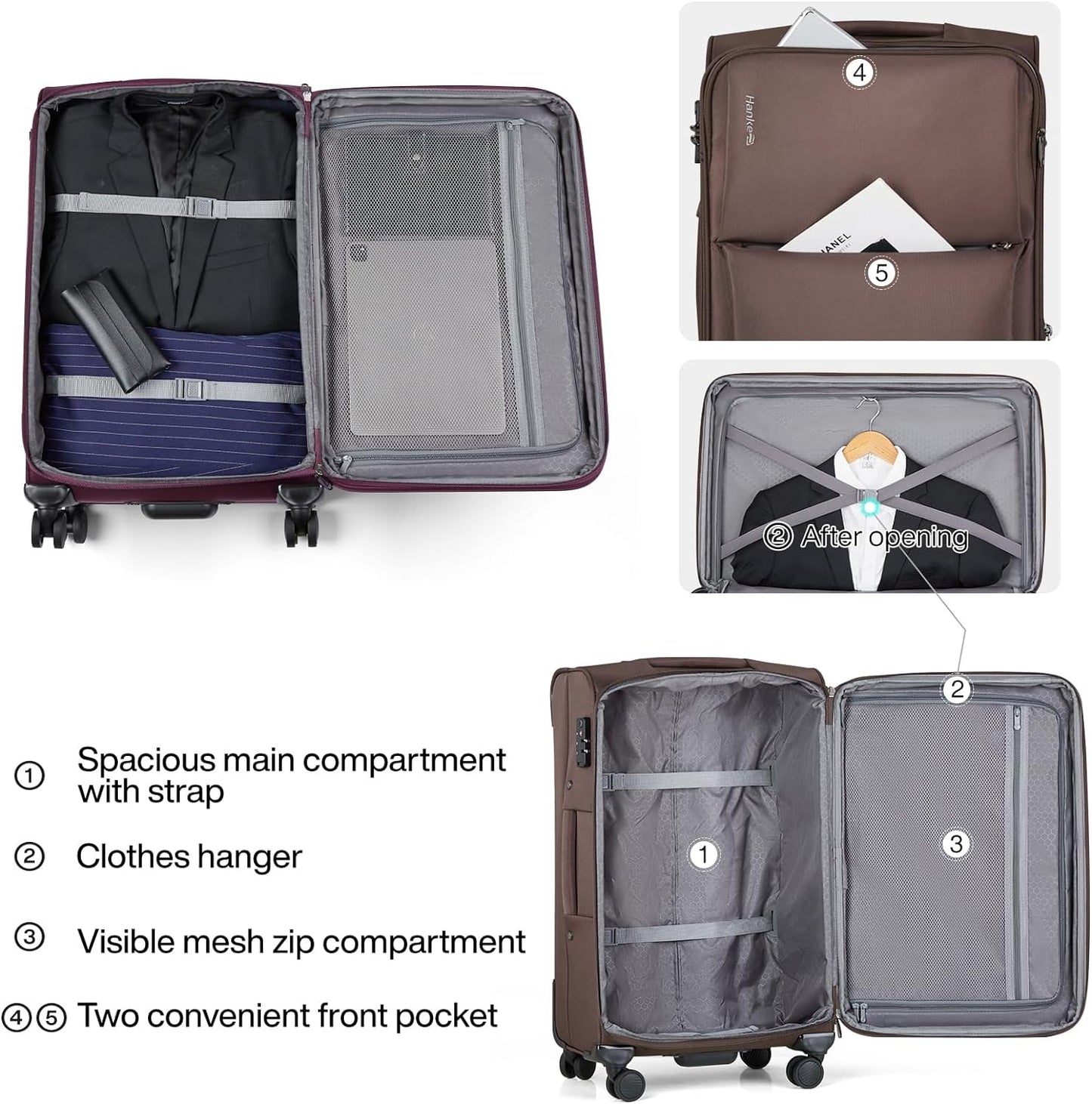 Hanke Softside Expandable 20 Inch Carry On Luggage with Wheels Airline Approved, TSA Luggage Lightweight Rolling Suitcases for Travel Carry On Bag(Coffee)