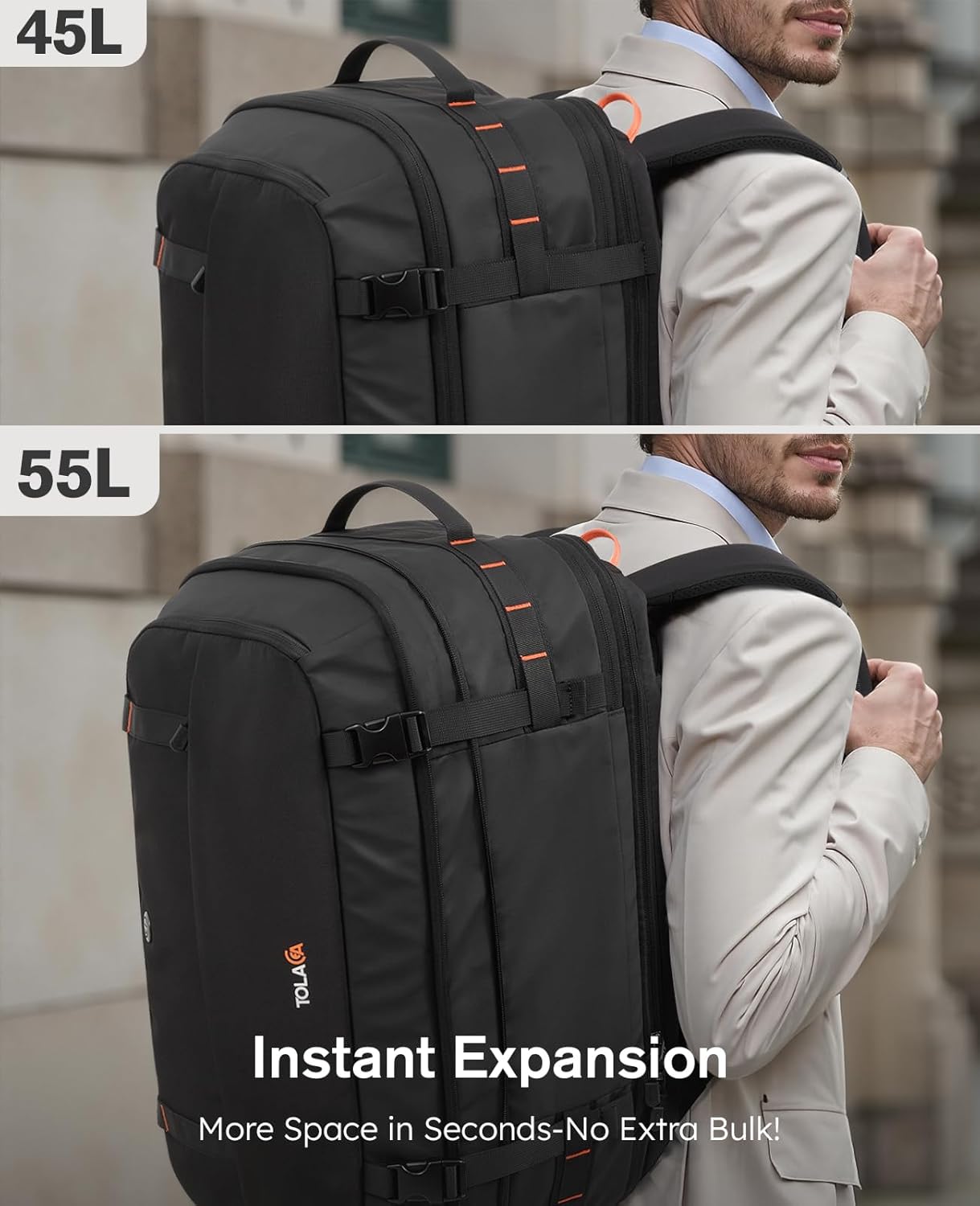 Tolaccea Large Convertible Garment Duffel Bag, Suit Carry On Backpack, TSA Flight Approved for Wrinkle-Free Travel with Dual Laptop Storage for 17.3" and 12.9" & Extra Toiletry Bag, 45-55L Expandable