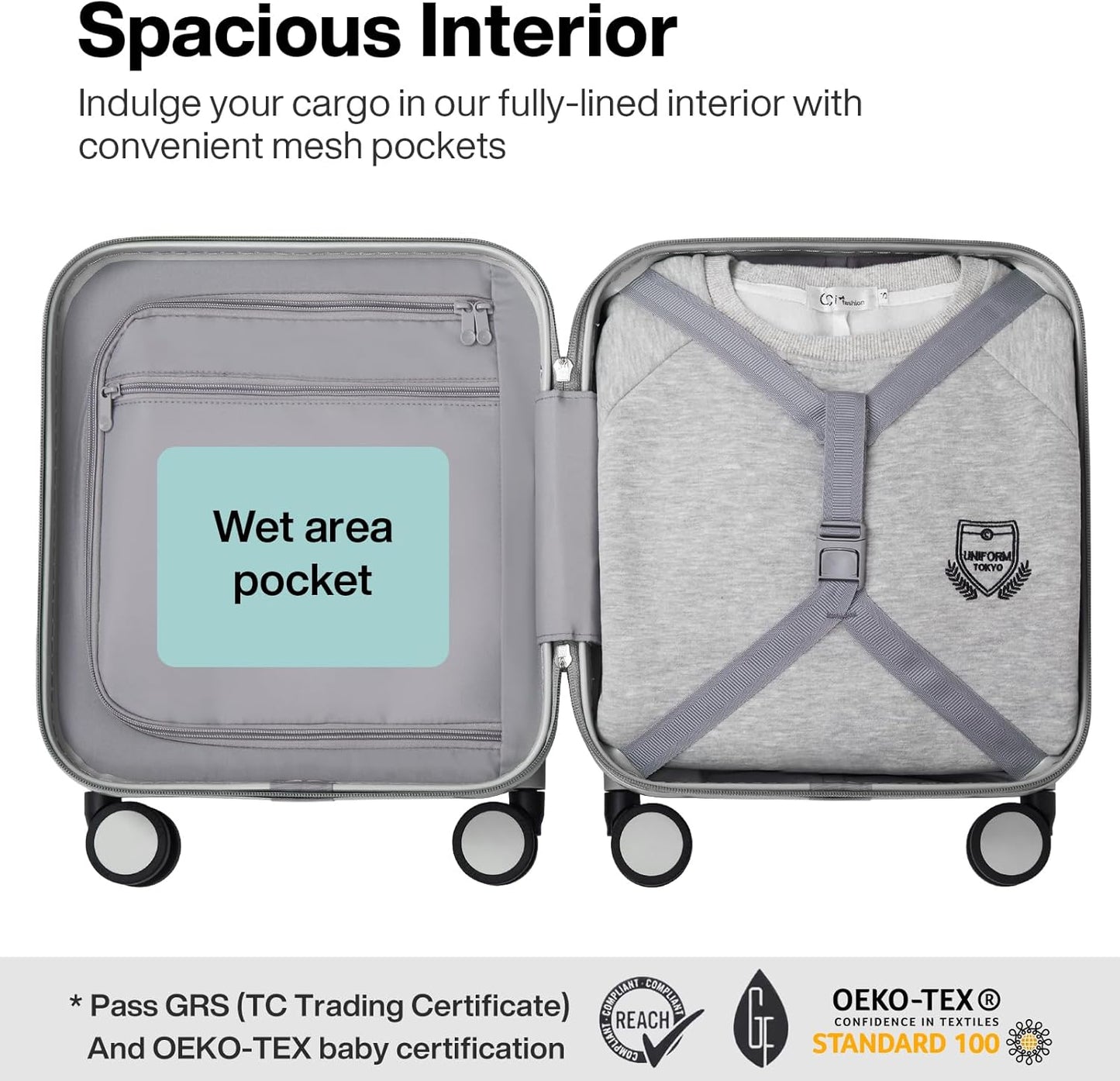 mixi Upgrade Carry on Luggage 14 Inch Underseat Personal Item Suitcases with Spinner Wheels, Hardside Rolling Suitcase PC with TSA Lock Lightweight Travel Case, Fine Grid Smoke White