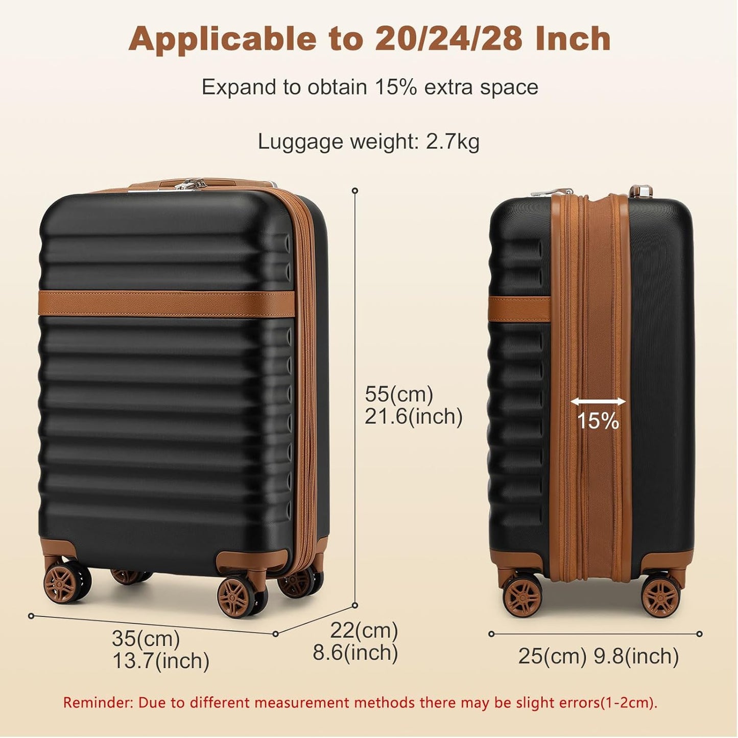 Kono Airline Approved Carry On Luggage, 22x14x9 inches, 20 Inch Expandable Lightweight Hardshell Suitcase with TSA Lock, (Black Brown, Suitable for 1-3 Days of Travel)