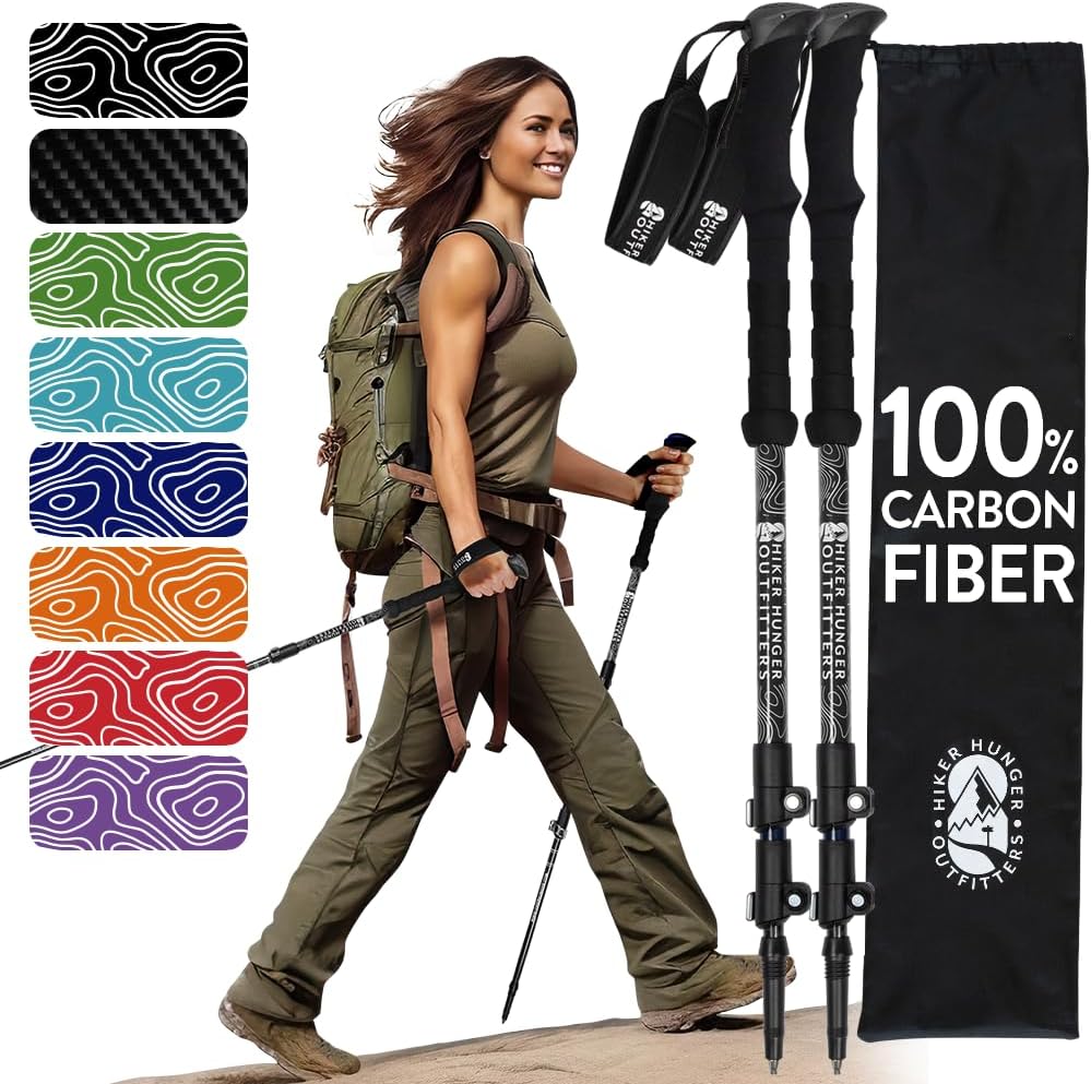 100% Carbon Fiber Trekking Poles by USA Brand - Ultra Strong Lightweight Collapsible Hiking Poles with Cork and EVA Foam Grips & Quick Adjustable Flip Locks