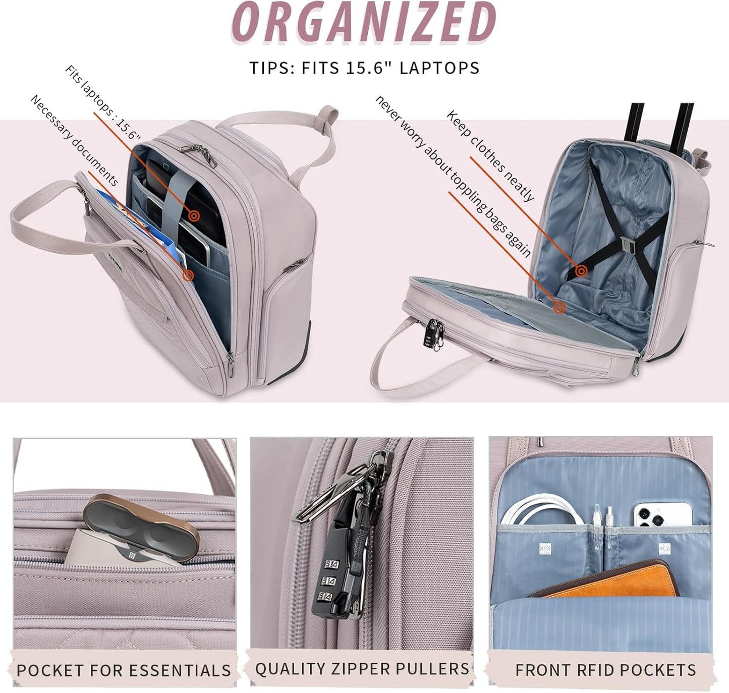 VANKEAN Carry On Underseat 16-inch Multi-functional Underseater Lightweight Overnight Suitcase with Wheels, Roller Case for Women Travel Business, Light Dusty Pink