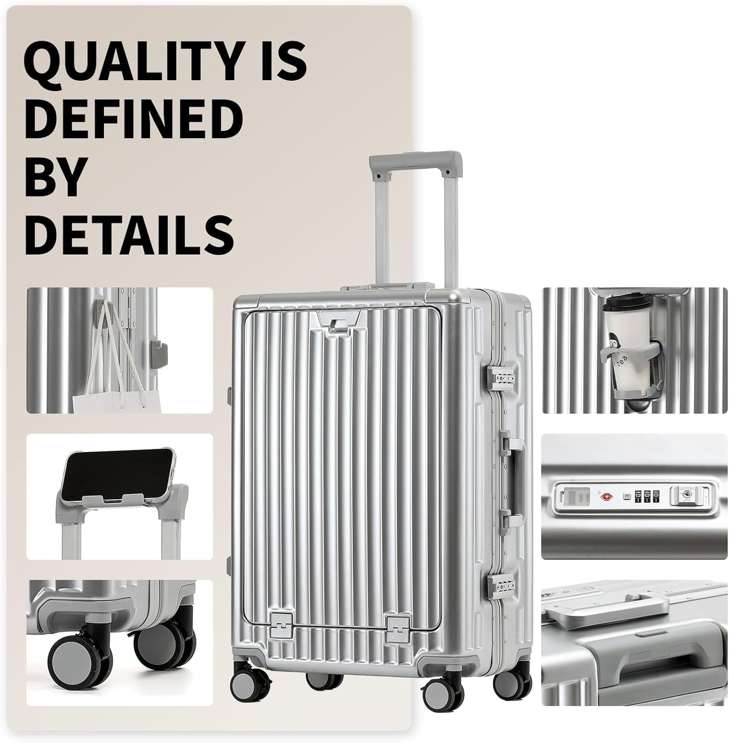 26 Inch Zipperless Checked Travel Luggage with Spinner Wheels,Aluminum Frame Hard Shell Front Pocket Suitcase with Compartment TSA Approved USB Port,Cup & Phone Holder for Women Men,Silver