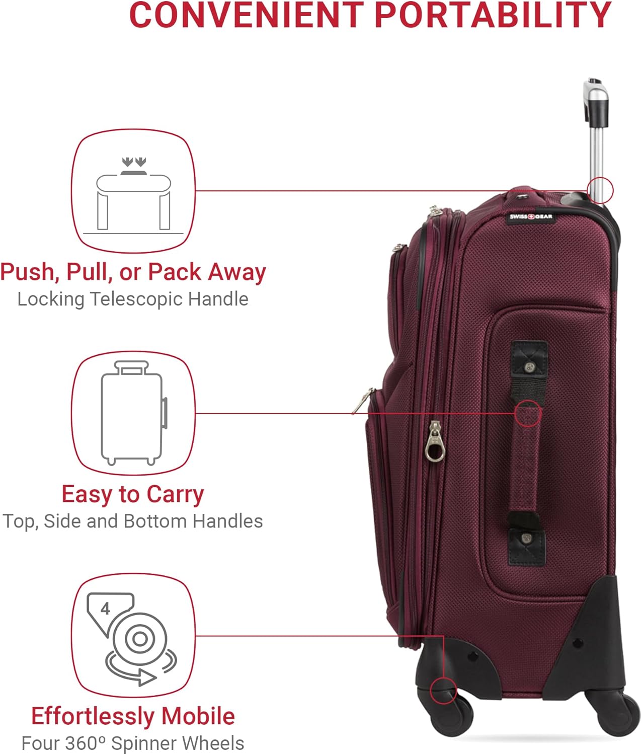 SwissGear Sion Softside Expandable Luggage – Carry-On Suitcase with 360 Degree Wheels & Retractable Handle – 21 Inch, Perfect for 1-3 Night Trips – Merlot