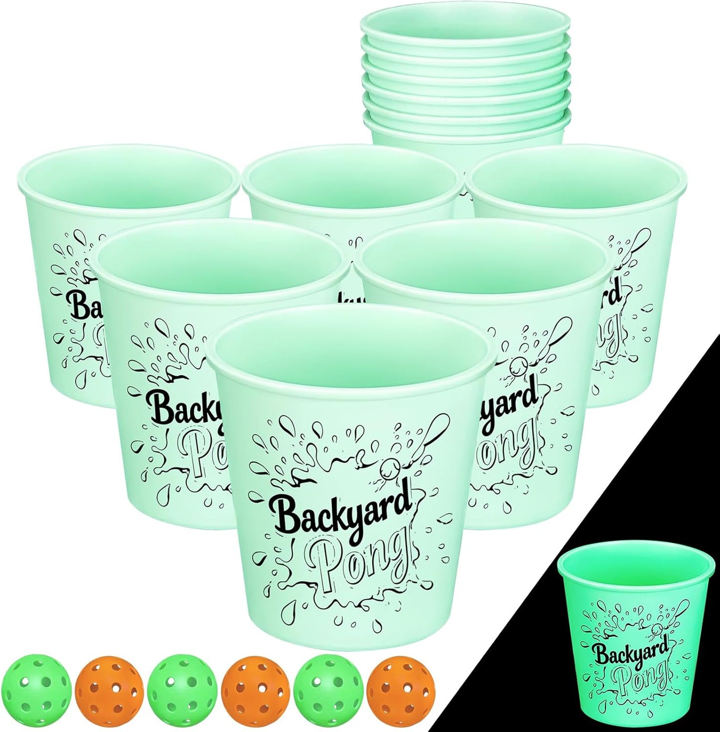 Mostop Yard Pong Outdoor Games Glow in Dark, Giant Yard Game Set with 12 Buckets, 6 Balls and Carrying Bag, Toss Throwing Game for Kids Adults Lawn, Beach, Camping, Tailgating or Backyard Activities