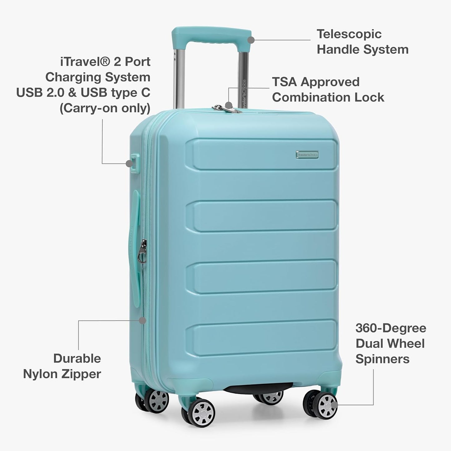 Traveler's Choice Pagosa Indestructible Hardshell Expandable Spinner Luggage, Baby Blue, 3-Piece Set (22/26/30)