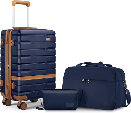 Carry On Luggage 3 Piece Lightweight Travel Luggage Set,22x14x9 Airline Approved,YKK Zippers Expandable Hard Shell Suitcase with Spinner Wheels TSA Lock (Navy, 3 Piece Sets (20/DB/TB))