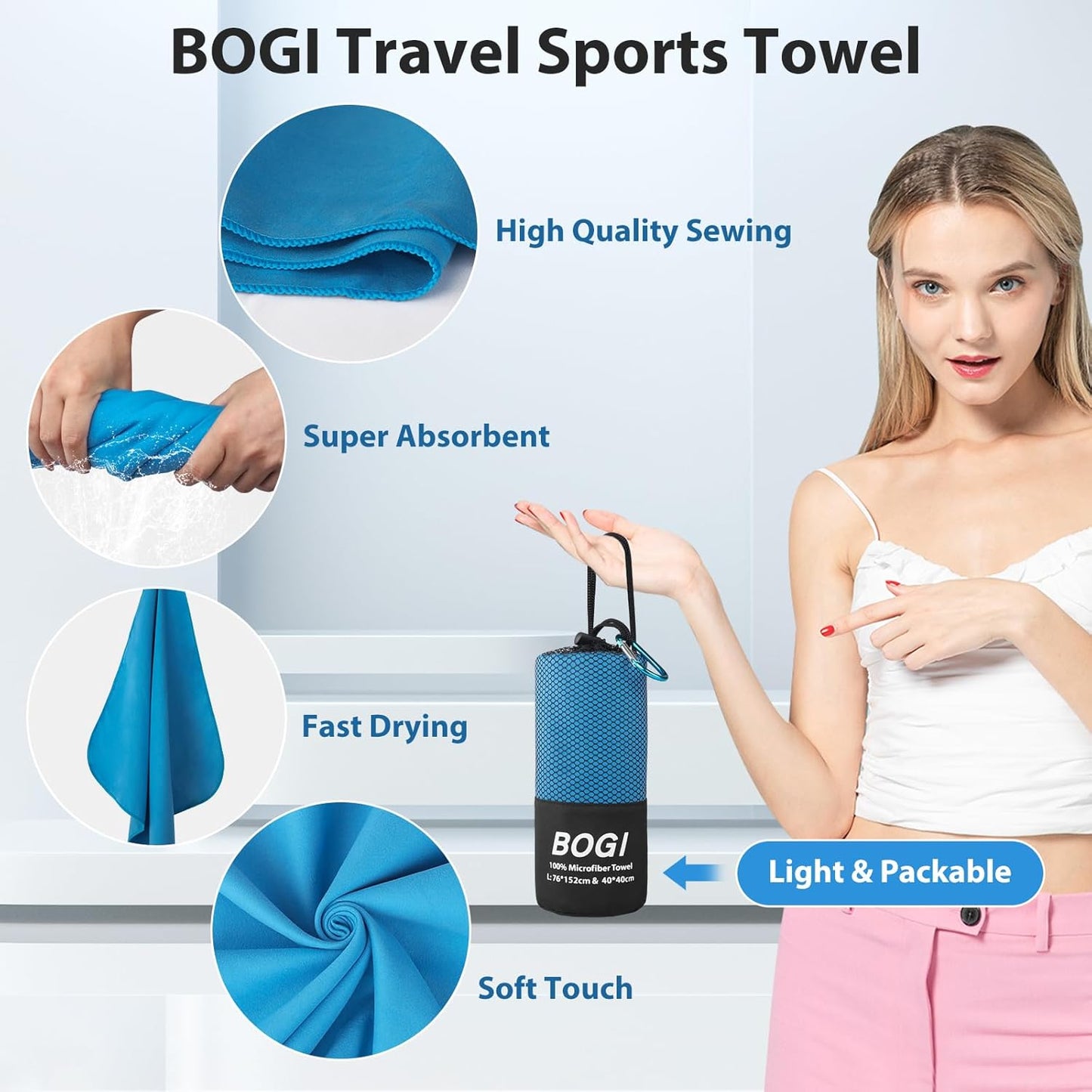 BOGI Microfiber Travel Sports Towel-Quick Dry Towel, Soft Lightweight Microfiber Camping Towel Absorbent Compact Travel Towel for Camping Gym Yoga Swimming Backpacking (XL:72''x32''+16''x16''-Blue)