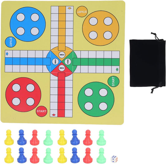 Compact Flying Chess Set – Fun Travel Board Game Made from Durable Rubber Cloth Includes 16 Chess Pieces, Storage Bag, and Dice for Family Entertainment!