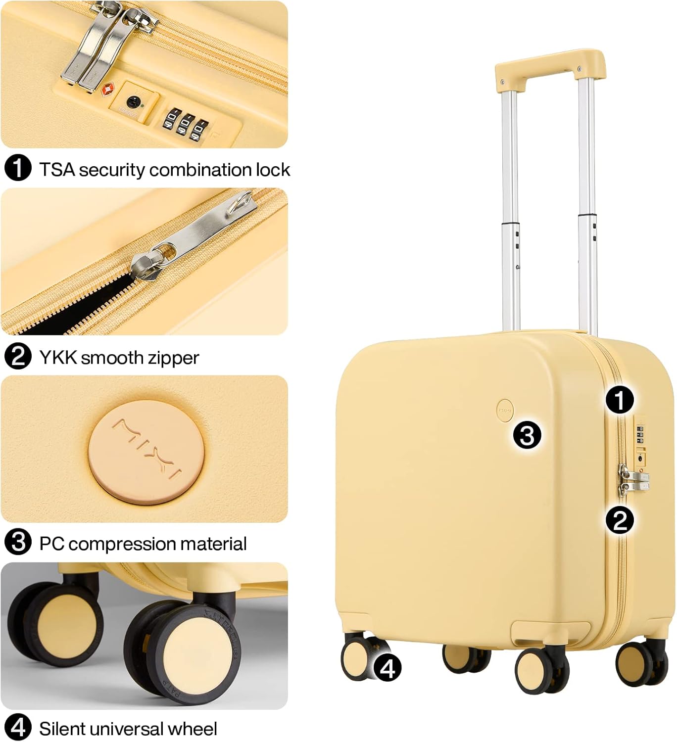 mixi Carry on Luggage, Suitcase with Spinner Wheels 16in Luggage Hardshell Lightweight Rolling Suitcases PC with Cover & TSA Lock, Lark Yellow