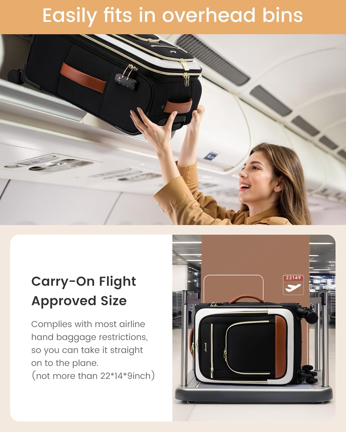 LOVEVOOK Carry on Luggage 22x14x9 Airline Approved, 22 Inch Large Rolling Suitcase, Spinner Wheels & TSA Lock, 49L Softside Lightweight Underseat Carryon Luggage for Women Men Travel