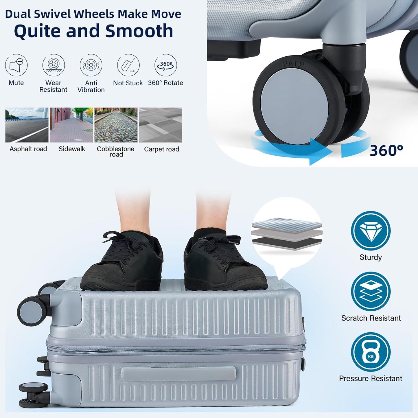 Hard Shell Suitcases Expandable Travel Luggage Sets 3 Piece, Carry on and Check in 3 Piece Luggage Suitcase Sets with Spinner Wheels Cup Holder Charger Built in (Silver, 20/24/28)