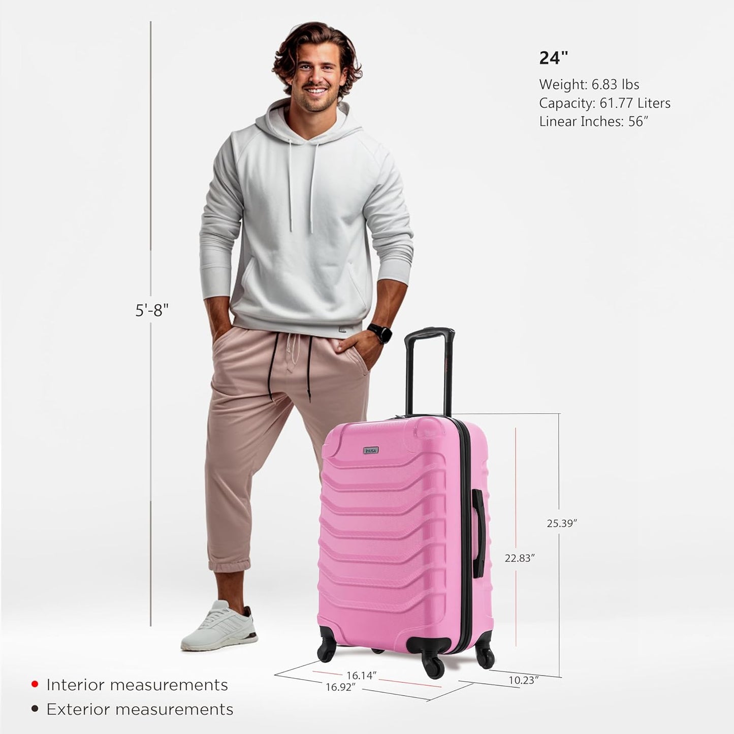 InUSA ENDURANCE Luggage with Spinner Wheels | Durable Lightweight Hardside Suitcase, Spacious Travel Bag with Handle and Trolley | 24-Inch Medium Checked Luggage | Pink