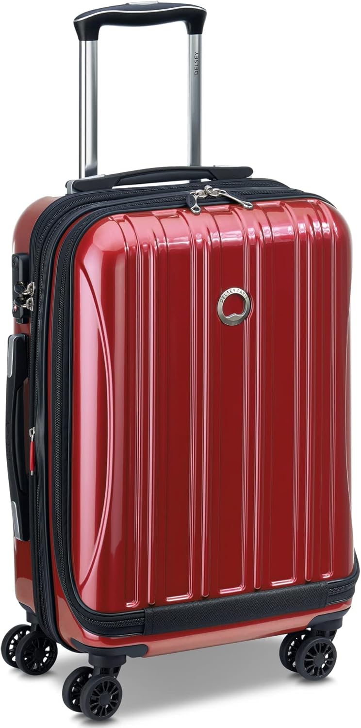 Delsey Luggage Helium Aero, International Carry On Luggage, 19", Front Pocket Hard Case Spinner Suitcase, Brick Red