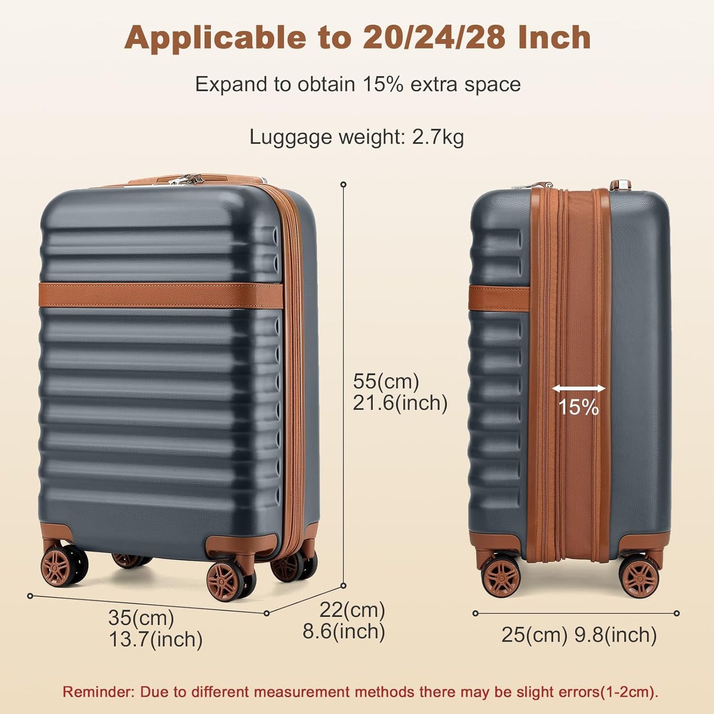 Kono Airline Approved Carry On Luggage 22x14x9 inches, with TSA Lock, 20 Inch Expandable Lightweight Hardshell Suitcase (Grey brown, Suitable for 1-3 Days of Travel)