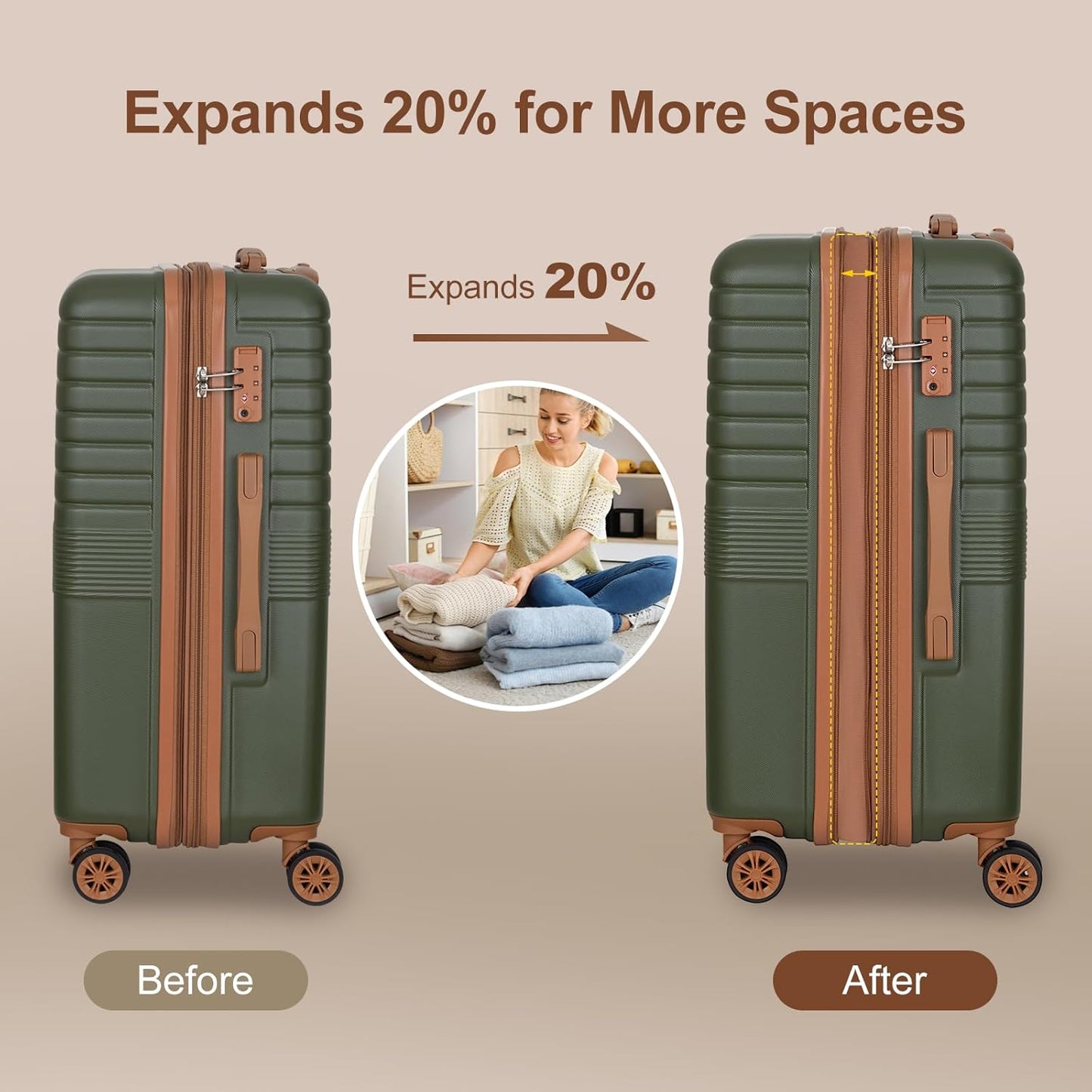 Romswi Luggage Sets 3 Piece Expandable PC+ABS Suitcases, Durable Hardshell Lightweight Suitcase Set with TSA Lock Dual Spinner Wheels, 20/24/28 Inch,Olive Green