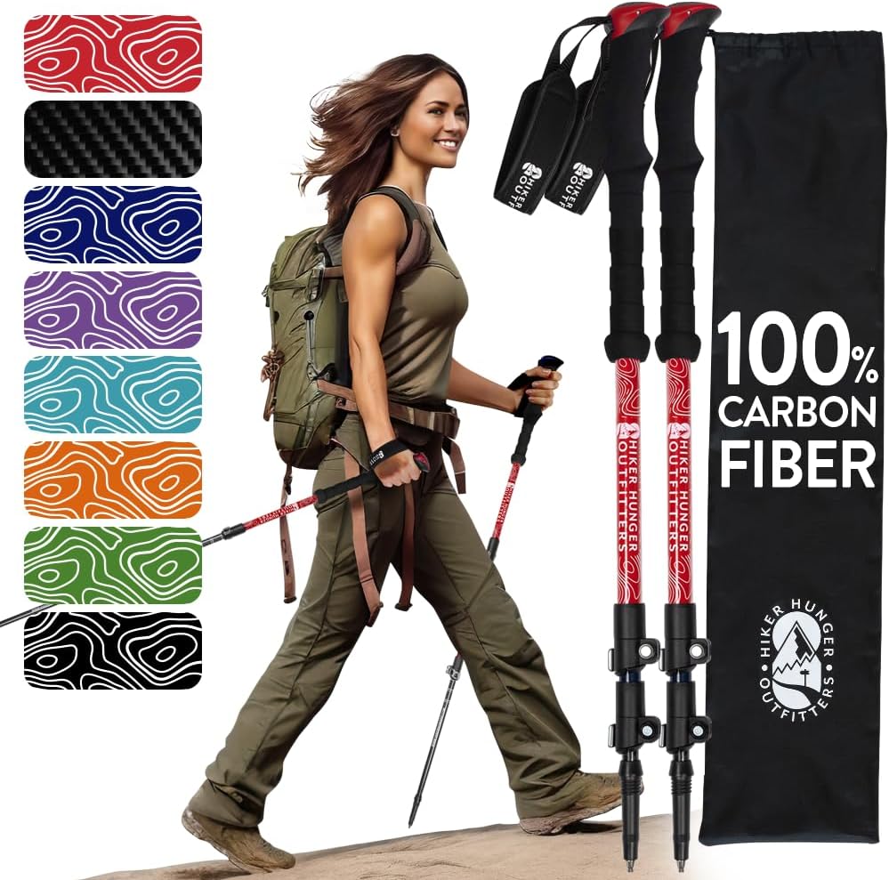 100% Carbon Fiber Trekking Poles by USA Brand - Ultra Strong Lightweight Collapsible Hiking Poles with Cork and EVA Foam Grips & Quick Adjustable Flip Locks