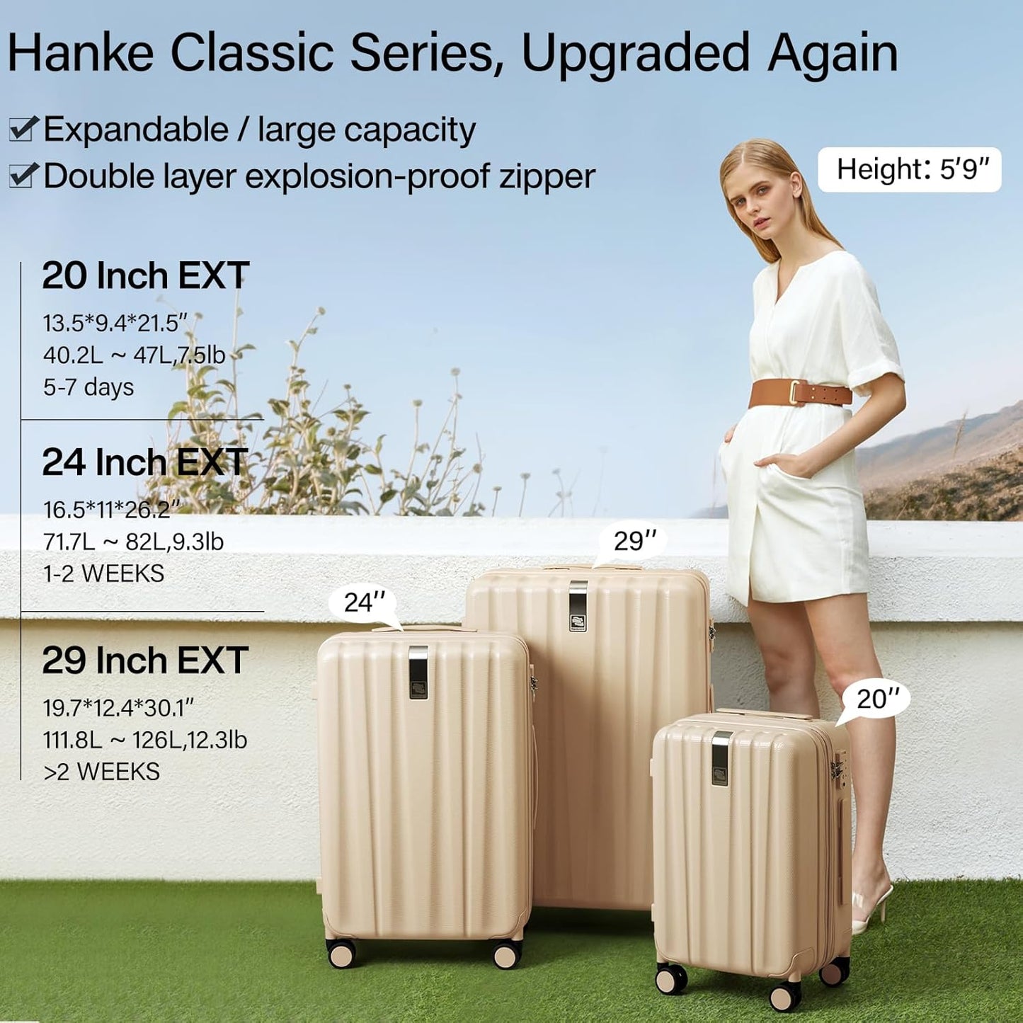 Hanke 24 Inch Expandable Checked Luggage Lightweight PC Hard Shell Luggage Suitcases with Wheels Travel Luggage Rolling Large Suitcase Travel Luggage Bag for Go to University.(Cuba Sand Pink)
