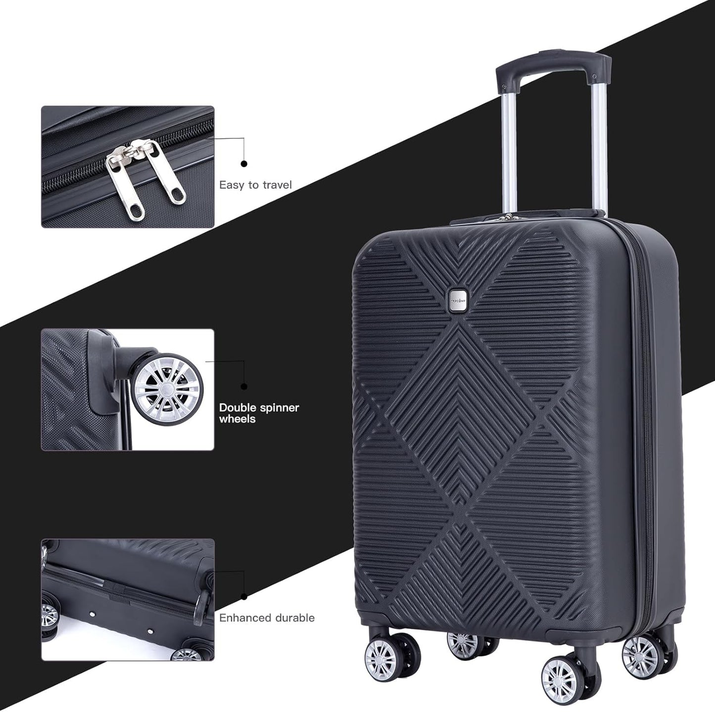 Luggage 4 Piece Set, Hardshell ABS Suitcase Set with Double Spinner Wheels, Lightweight Suitcase, Carry On and Checked Travel Luggage,Dark Black