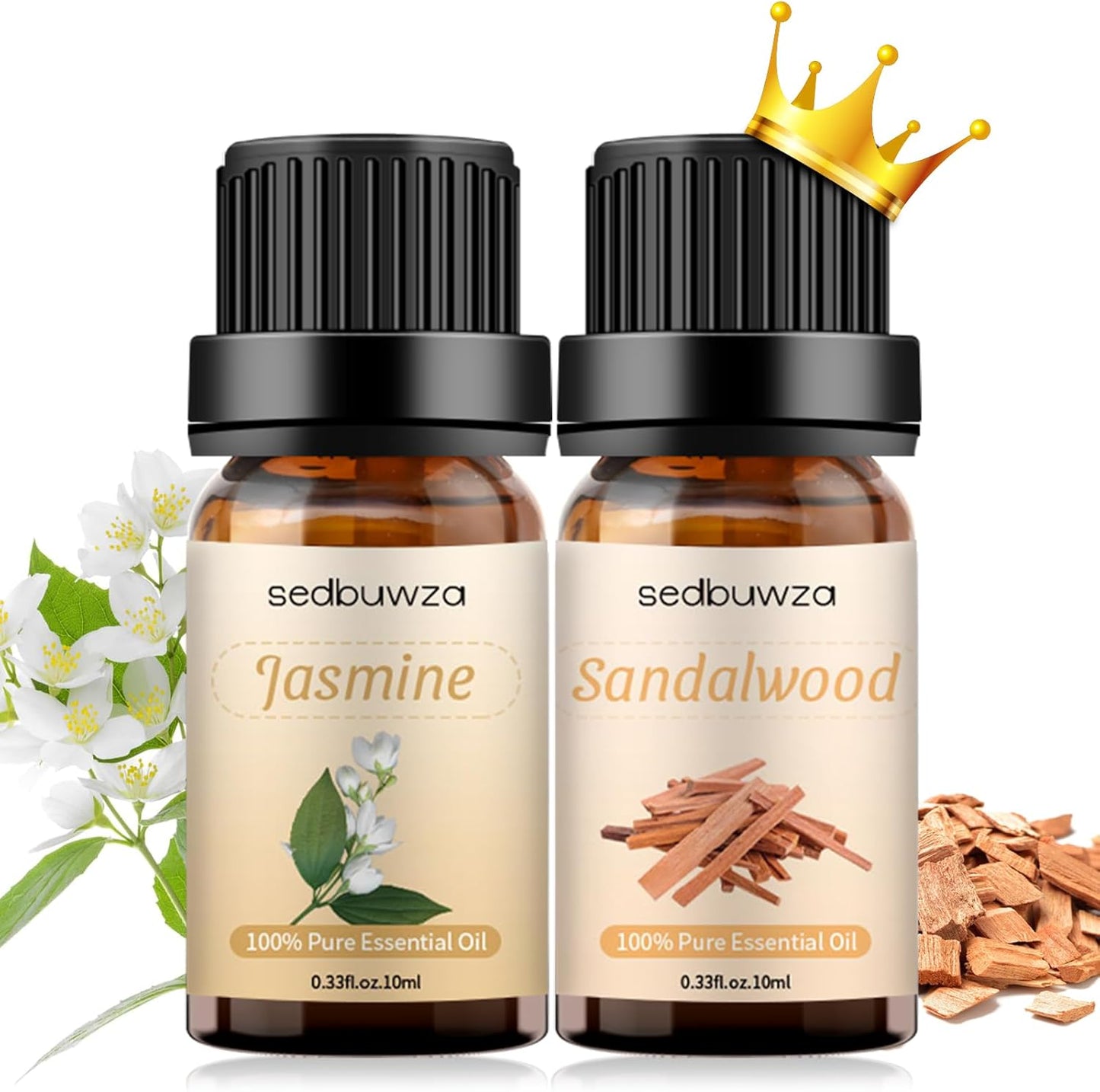 Sedbuwza Sandalwood Jasmine Essential Oil Set, Sandalwood Fragrance Oil Jasmine Scent Oil Set for Diffuser, Aromatherapy, Massage, Soap, Candle Making 2 x 10 ml