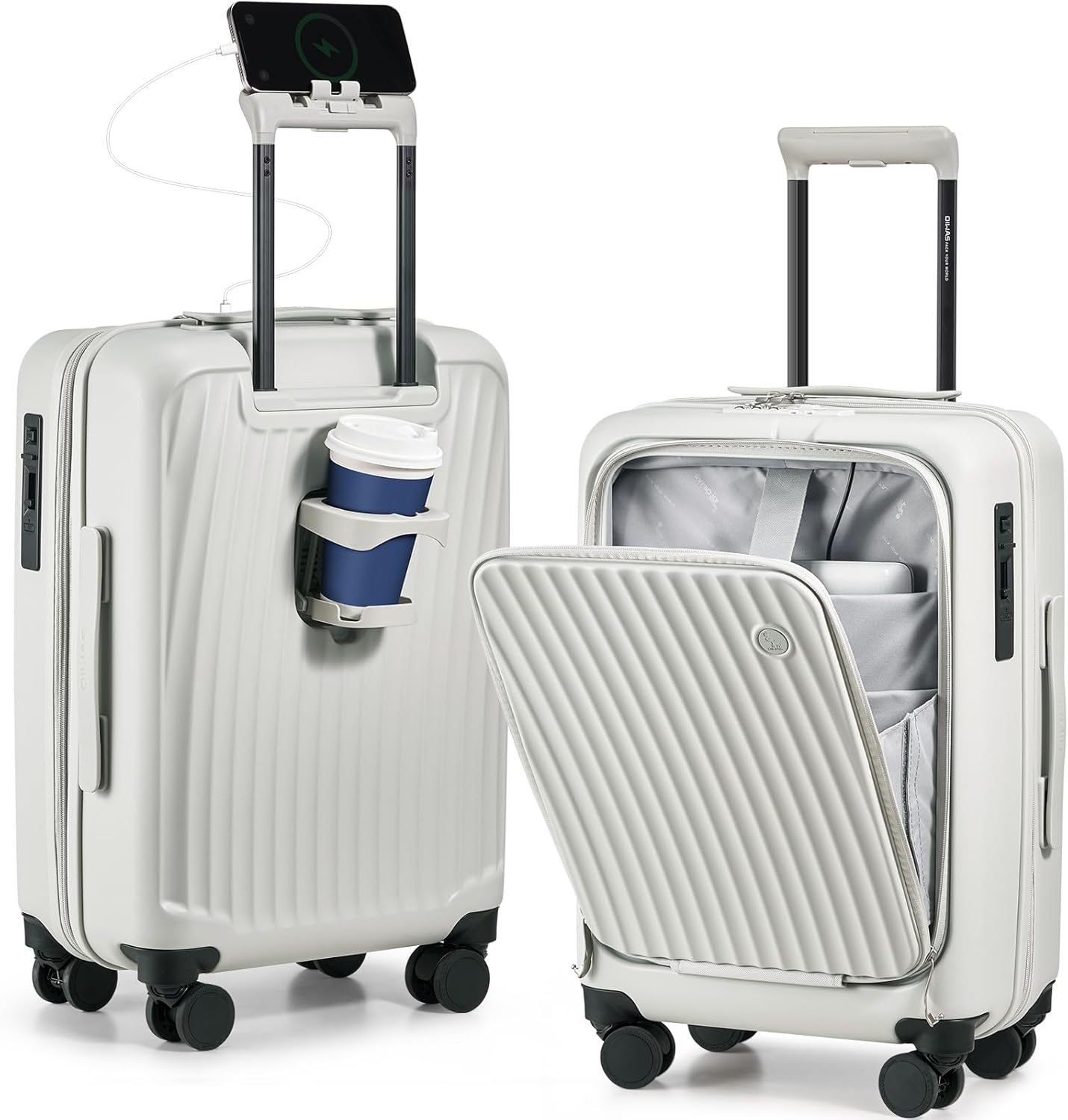 OIWAS 20 Inch Carry On Luggage, Front Pocket Carryon Suitcase with Phone Holder & Cup Holder, Airline Approved Hardshell Luggage with Double TSA Lock, USB Port, One-Click Brake, White