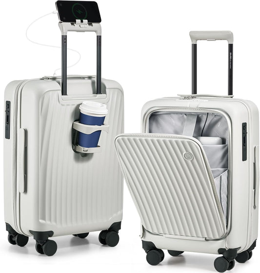 OIWAS 20 Inch Carry On Luggage, Front Pocket Carryon Suitcase with Phone Holder & Cup Holder, Airline Approved Hardshell Luggage with Double TSA Lock, USB Port, One-Click Brake, White
