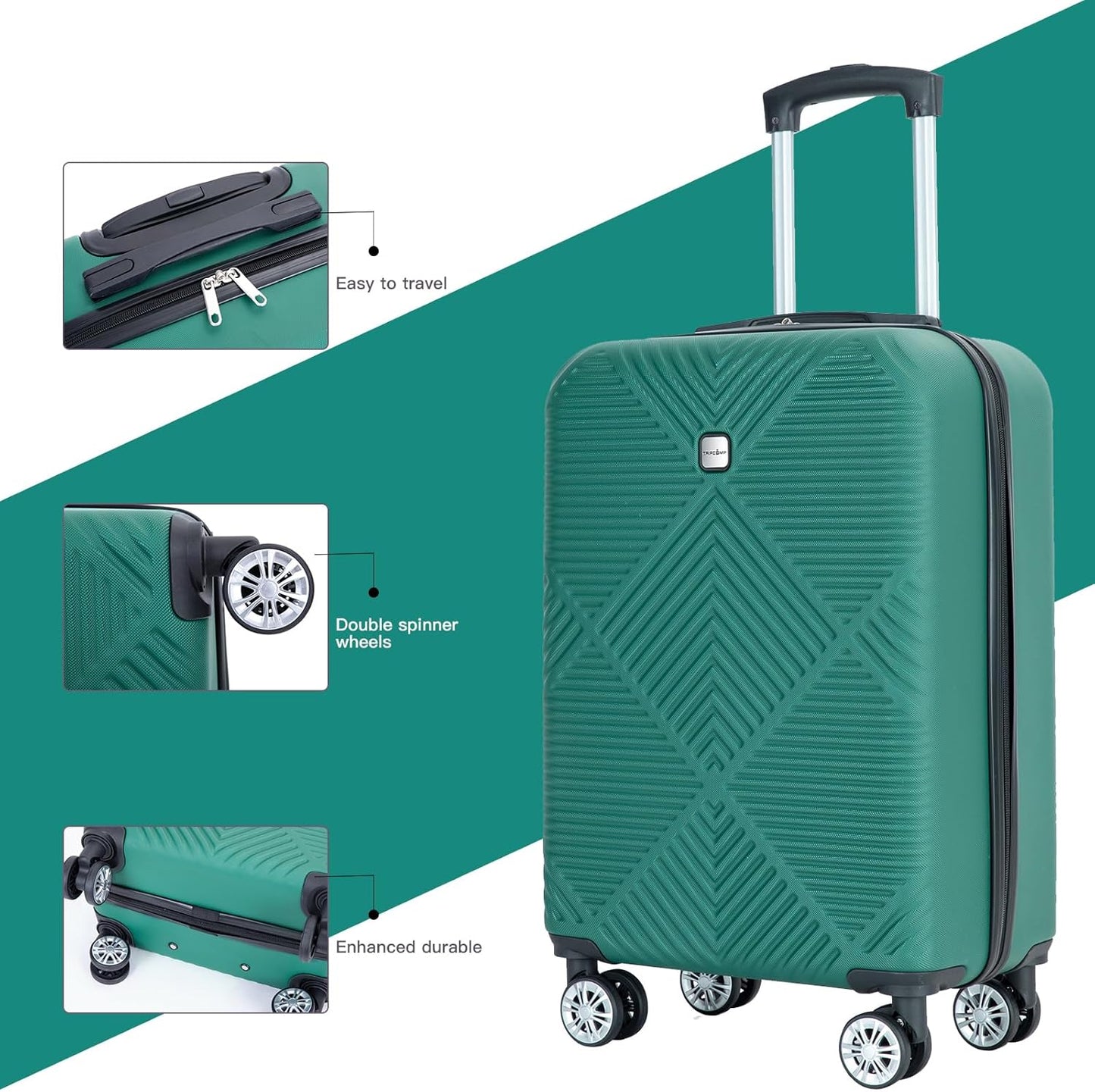 Luggage 4 Piece Set, Hardshell ABS Suitcase Set with Double Spinner Wheels, Lightweight Suitcase, Carry On and Checked Travel Luggage, Dark Green