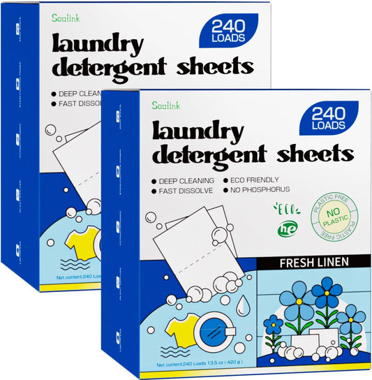 Soulink Laundry Detergent Sheets, 480 Loads (2 Pack) - Eco-Friendly, Plant-Based, Hypoallergenic, No Plastic Jug, Fresh Linen Scent