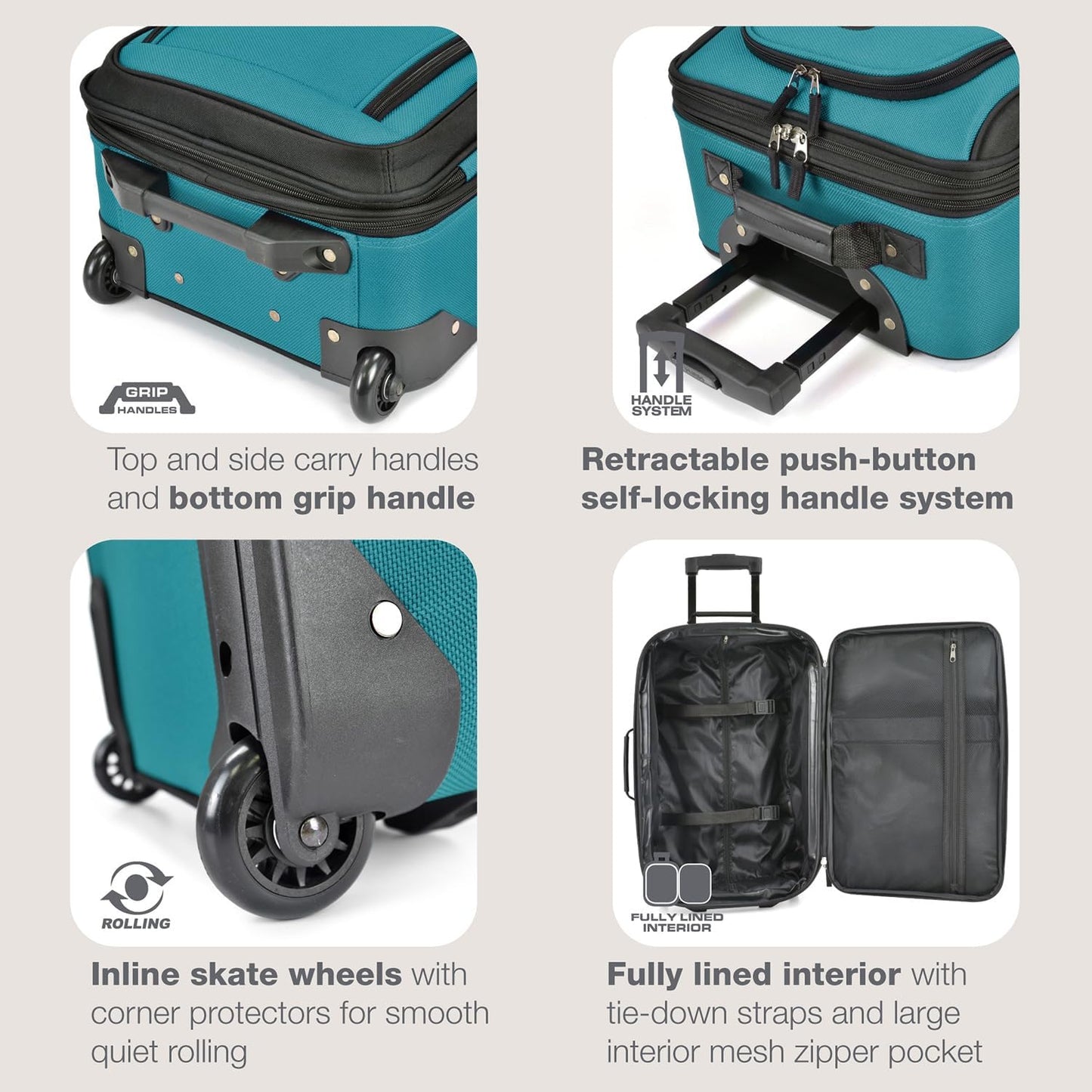 U.S. Traveler, Rio Rugged Fabric Expandable Upright Rolling Carry-on Luggage Set w/Tote Bag, Teal, 2-Piece (21/14)