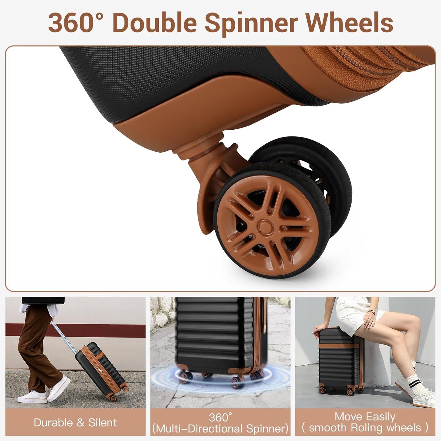 Kono Luggage Set 3 Pieces Expandable PC ABS Durable Suitcase Hardside with Double Spinner Wheels Tsa Lock Black Brown(20in/24in/28in)