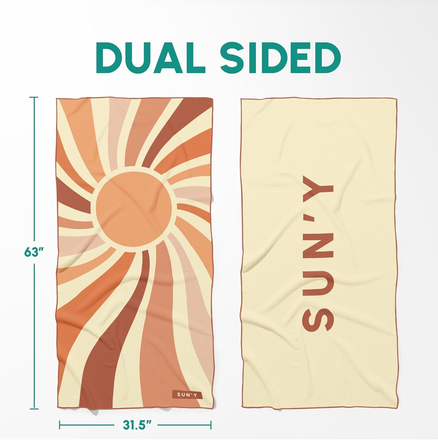 SUN'Y Waffle Microfiber Beach Towel – Sand Free, Quick Dry, Ultra Absorbent, Lightweight & Compact Travel Towel with Carry Bag - Large (63” x 31.5”), Rays