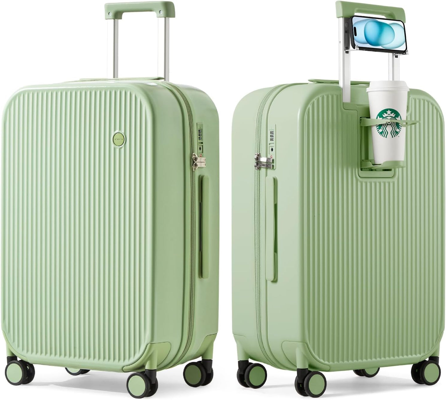 mixi Checked Luggage with Cup Phone Holder Hard Shell Rolling Travel Suitcase with Spinner Wheels,24 Inch Avocado Green