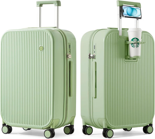 mixi Checked Luggage with Cup Phone Holder Hard Shell Rolling Travel Suitcase with Spinner Wheels,24 Inch Avocado Green