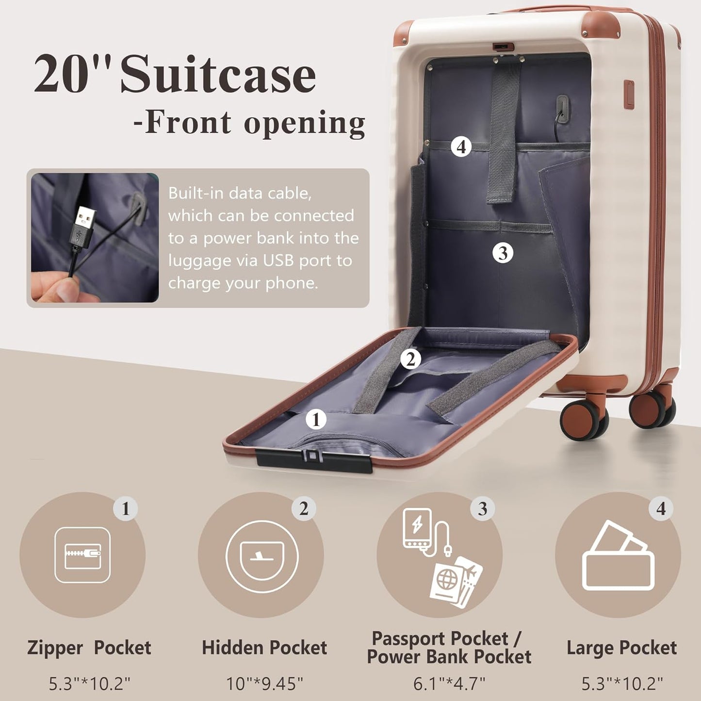 Merax Luggage Sets 3 Piece Front Opening, Hardside Lightweight Carry on Suitcase with Cup Holder USB Port,Durable Expandable Luggage with Bags Spinner Wheels and TSA Lock,White and Brown