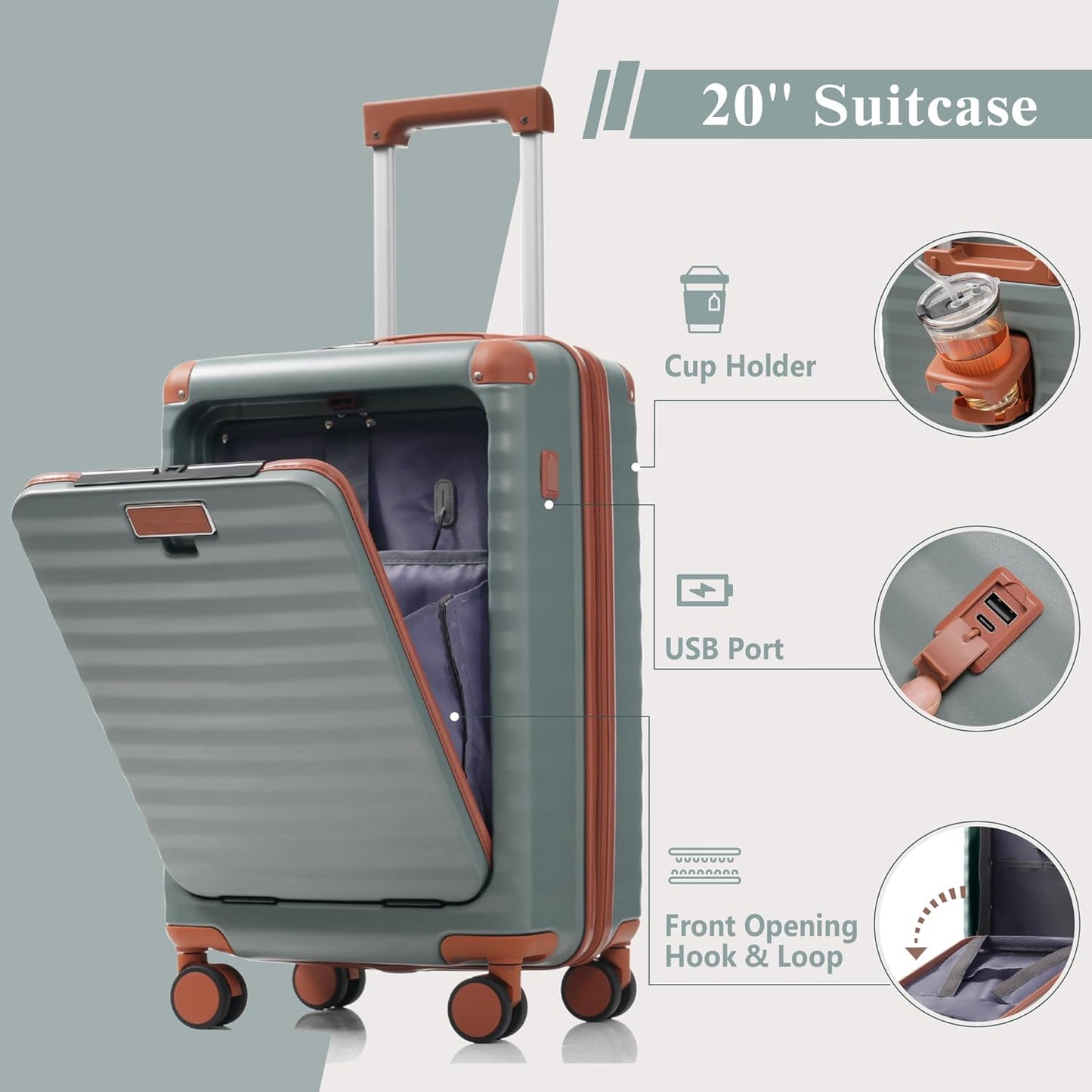Merax Luggage Sets 3 Piece Front Opening, Hardside Lightweight Carry on Suitcase with Cup Holder USB Port,Durable Expandable Luggage with Bags Spinner Wheels and TSA Lock,Grey Green