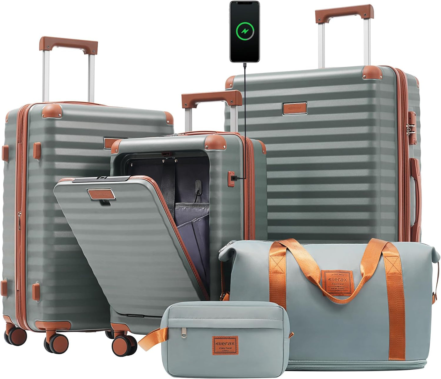 Merax Luggage Sets 3 Piece Front Opening, Hardside Lightweight Carry on Suitcase with Cup Holder USB Port,Durable Expandable Luggage with Bags Spinner Wheels and TSA Lock,Grey Green