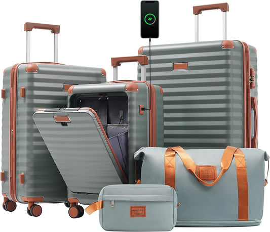 Merax Luggage Sets 3 Piece Front Opening, Hardside Lightweight Carry on Suitcase with Cup Holder USB Port,Durable Expandable Luggage with Bags Spinner Wheels and TSA Lock,Grey Green