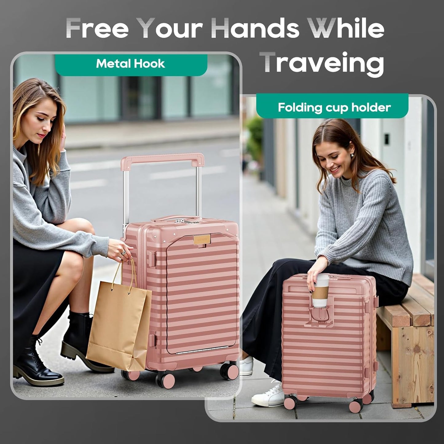 Joyway 20 Inch Carry on Luggage with Front Pocket, PC Hardshell Carry-on Suitcase with USB Port and Cup Holder, 21.5x14.2x9 Airline Approved, Luggage with Spinner Wheels and TSA Lock (Rosa Gold)